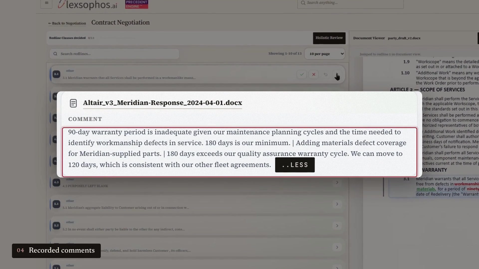 Illustrative Lexsophos match showing the comments recorded in Altair_v3_Meridian-Response_2024-04-01.docx, including Meridian's note that 180 days exceeds its quality assurance warranty cycle and that it can move to 120 days.