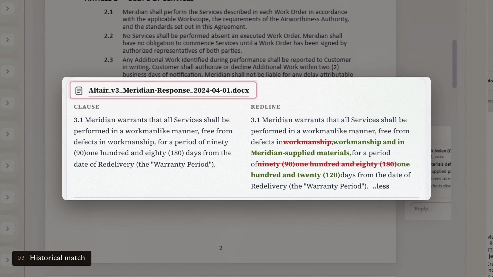 Illustrative Lexsophos match for warranty clause 3.1, naming the source file Altair_v3_Meridian-Response_2024-04-01.docx and showing the earlier clause beside the earlier redline that changed a 180-day request to 120 days.
